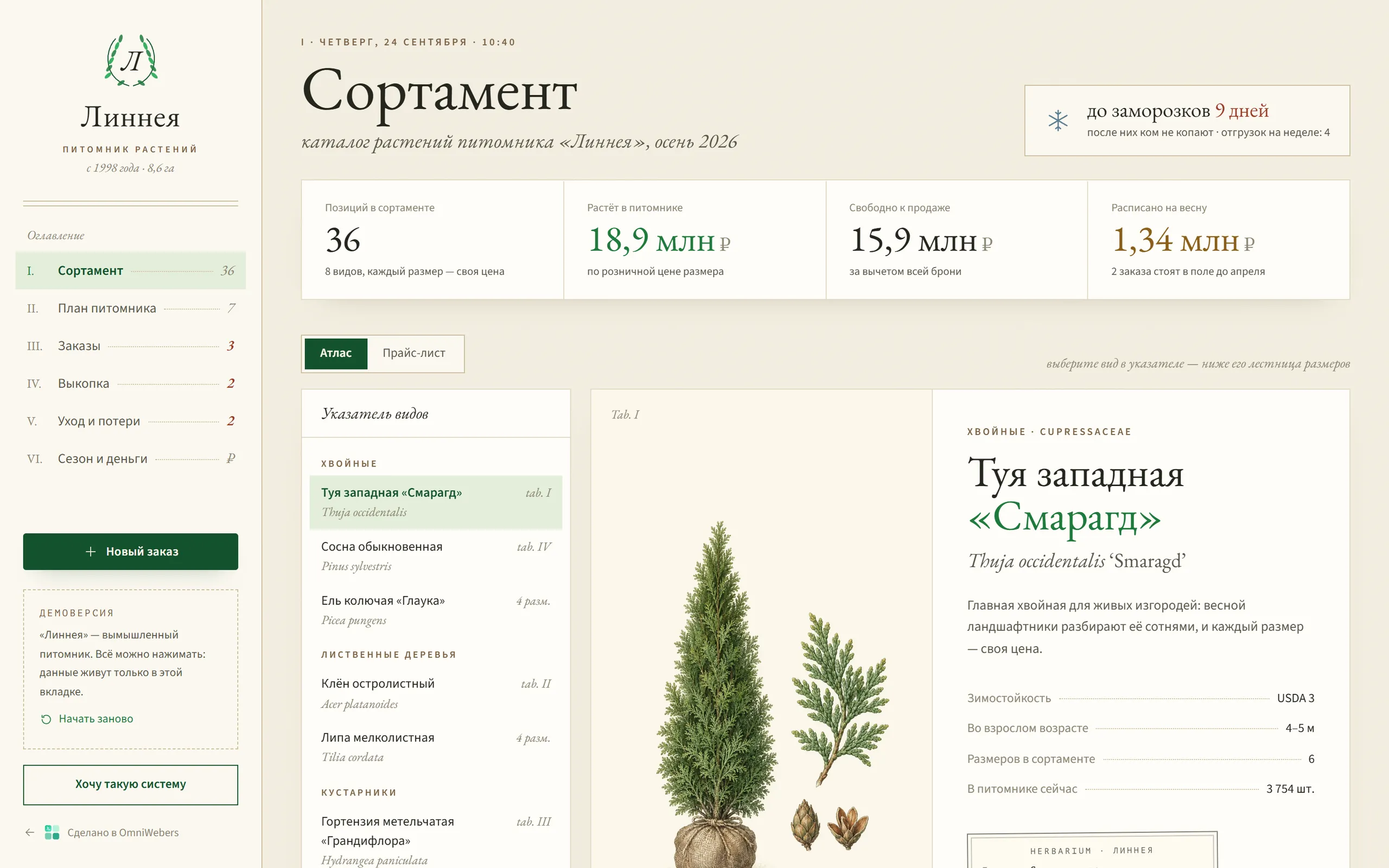 Демоверсия: система для отрасли «питомники» «Линнея»